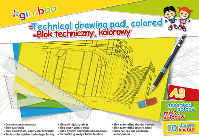Blok techniczny GIMBOO, A3, 10 kart., 150gsm, mix kolorów 