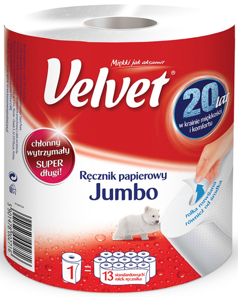 Ręcznik w roli celulozowy VELVET Jumbo, 2-warstwowy, 500 listków, biały