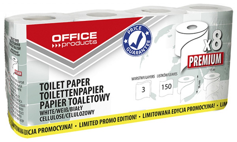 Papier toaletowy celulozowy OFFICE PRODUCTS Premium, 3-warstwowy, 150 listków, 15m, 8szt., biały