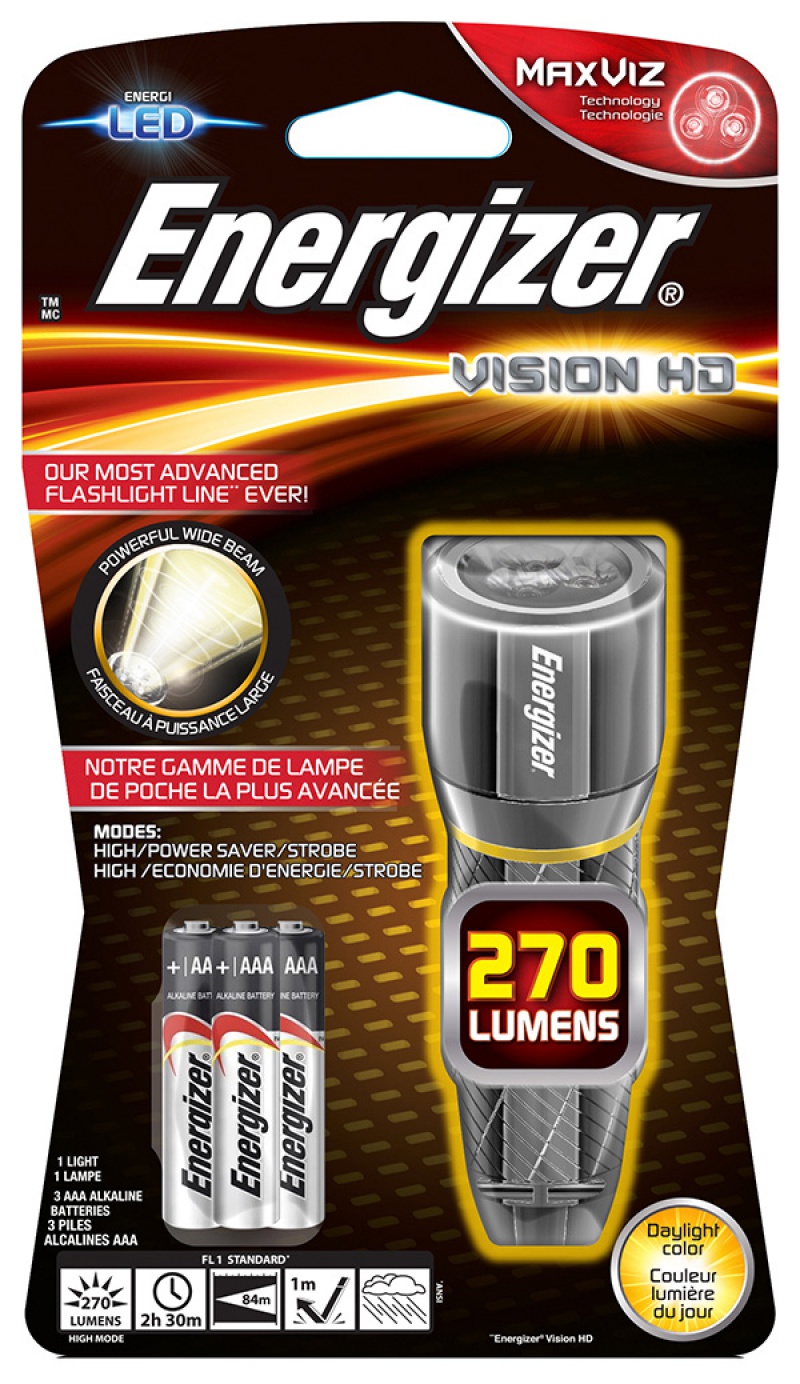 Latarka ENERGIZER Metal Vision HD + 3szt. baterii AAA, srebrna