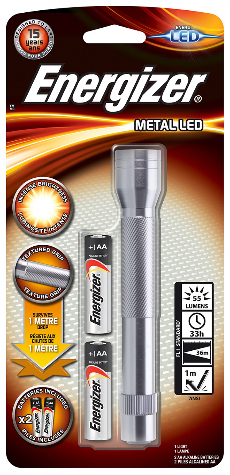 Latarka ENERGIZER Metal + 2szt. baterii AA, srebrna