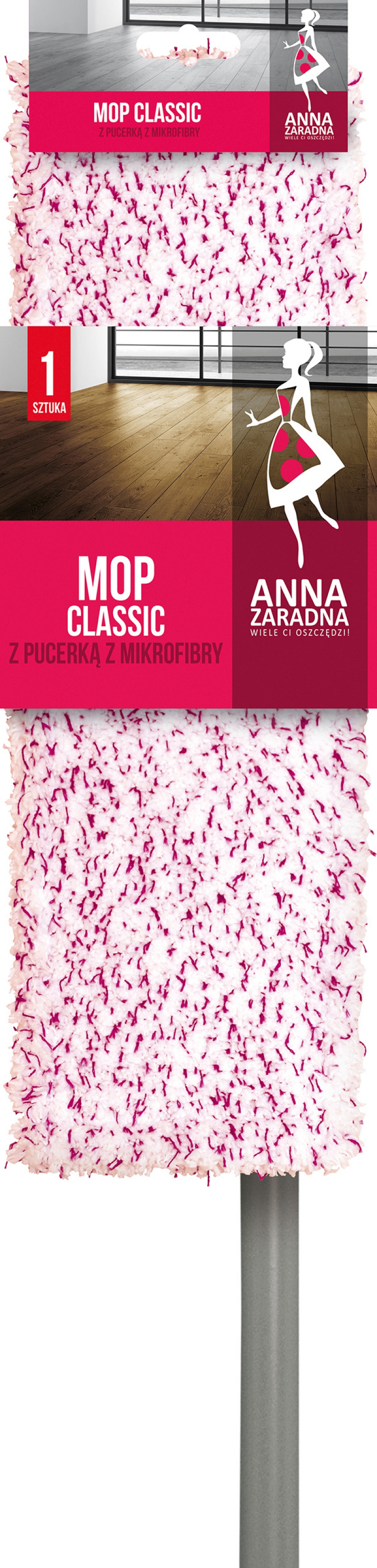 Mop płaski classic ANNA ZARADNA, z pucerką z mikrofibry, 1 szt., mix kolorów 