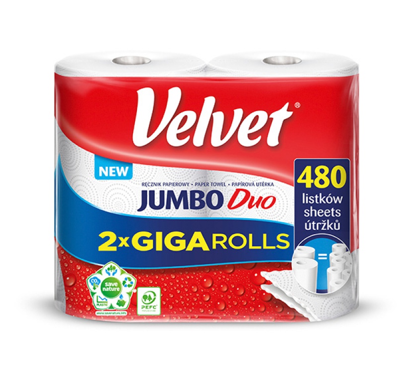 Ręcznik w roli celulozowy VELVET Jumbo Duo, 2-warstwowy, 2 rolki po 240 listków, biały 