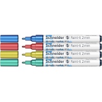 Marker akrylowy SCHNEIDER Paint-It Metallic, 2 mm, etui 4 szt., niebieski, czerowny, żółty, zielony 