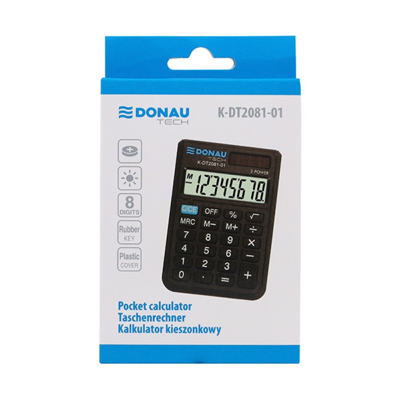 Kalkulator kieszonkowy DONAU TECH, 8-cyfr. wyświetlacz, wym. 90x60x11 mm, czarny 