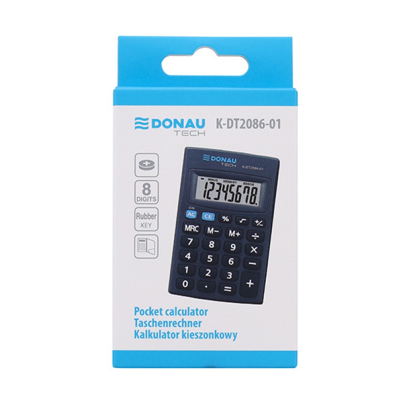 Kalkulator kieszonkowy DONAU TECH, 8-cyfr. wyświetlacz, wym. 85x56x9 mm, czarny 
