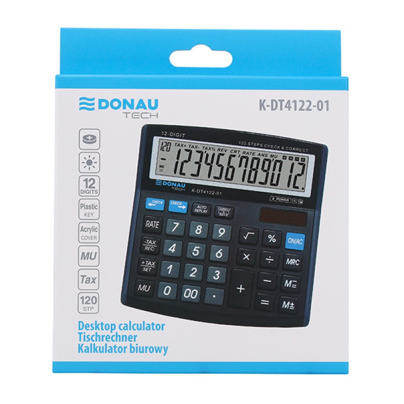 Kalkulator biurowy DONAU TECH, 12-cyfr. wyświetlacz, wym. 136x134x28 mm, czarny 