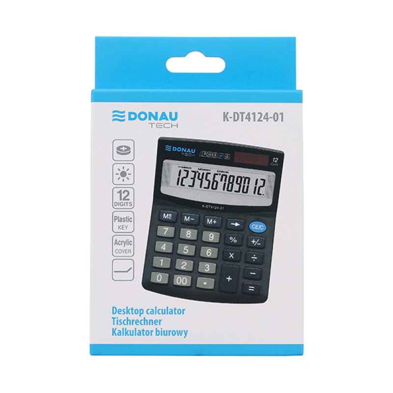 Kalkulator biurowy DONAU TECH, 12-cyfr. wyświetlacz, wym. 122x100x32 mm, czarny 