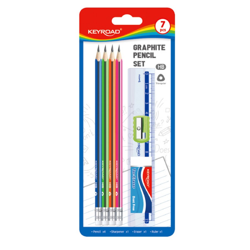 Zestaw szkolny KEYROAD Pencil Set HB, 7 elementów, blister, mix kolorów 