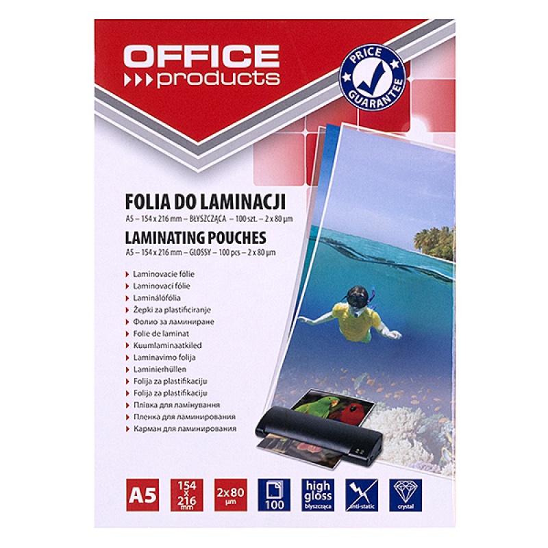 Folia do laminowania OFFICE PRODUCTS, A5, 2x80mikr., błyszcząca, 100szt., transparentna 