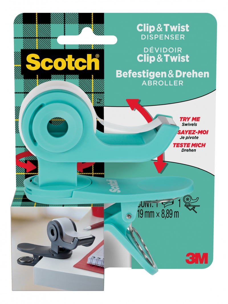 Podajnik do taśmy Scotch® C19 Clip&Twist + taśma SCOTCH® MAGIC 19mm, 8,89m, zielony 