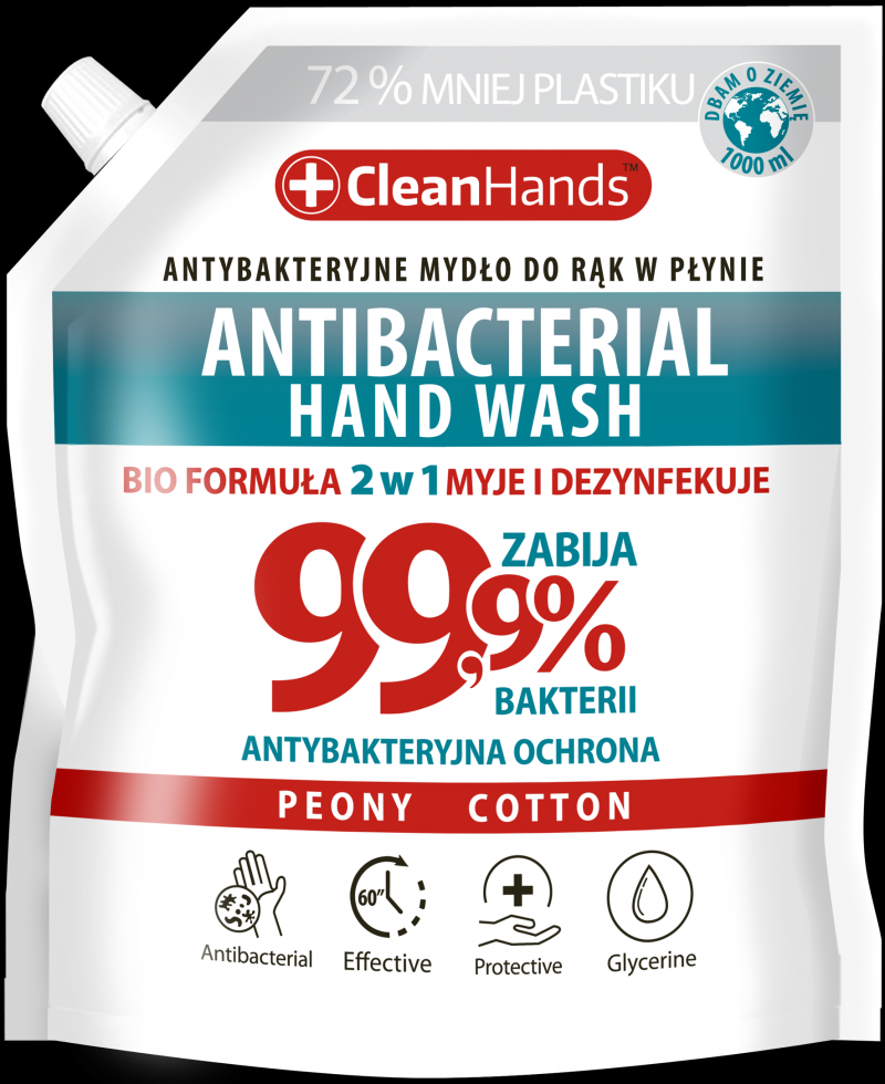 Mydło antybakteryjne CLEAN HANDS, BIO 99,9% Peony&Cotton, 1000 ml