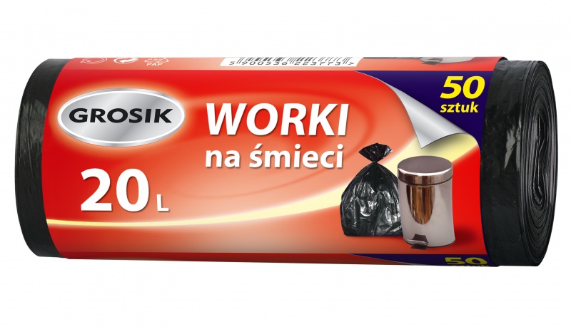 Worki na śmieci GROSIK, HDPE, 20l, 50 szt., czarne 