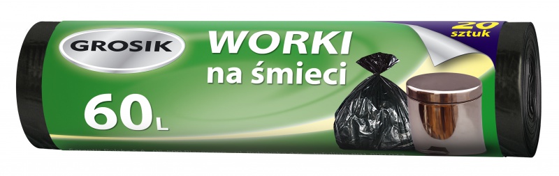Worki na śmieci GROSIK, HDPE, 60l, 20 szt., czarne 