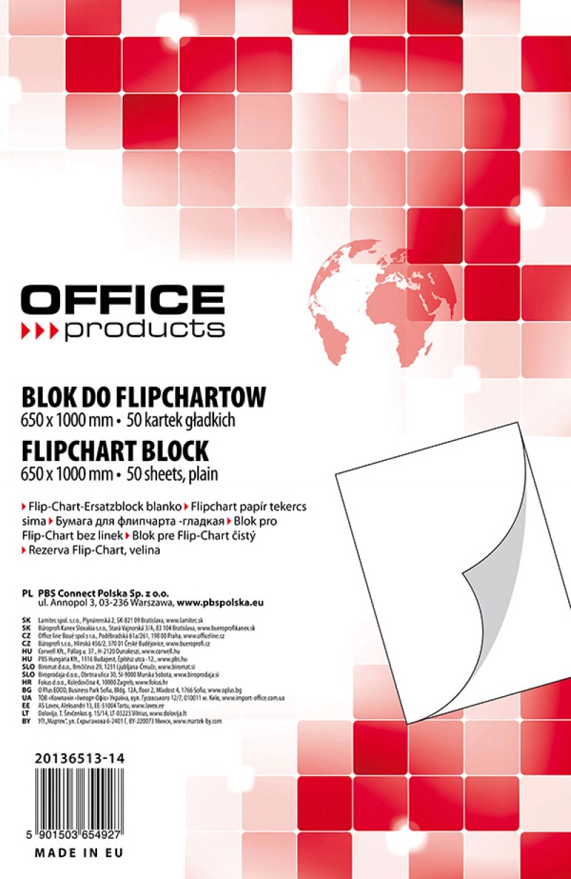 Blok do flipchartów OFFICE PRODUCTS, gładki, 65x100cm, 50 kart., biały 
