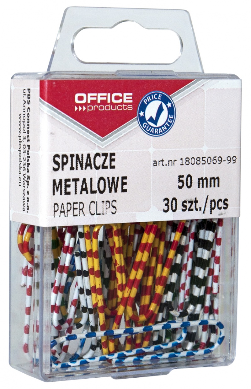 Spinacze metalowe OFFICE PRODUCTS Zebra, powlekane, 50mm, w pudełku, 30szt., mix kolorów