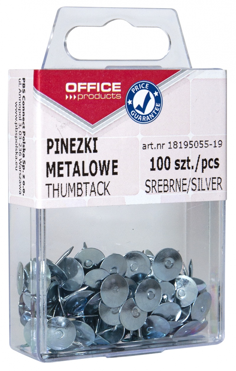 Pinezki metalowe OFFICE PRODUCTS, w pudełku, 100szt., srebrne 