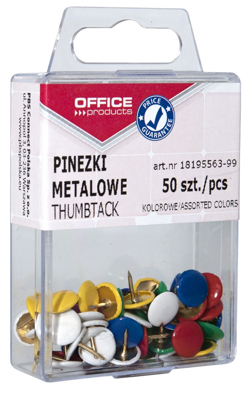 Pinezki kolorowe OFFICE PRODUCTS, w pudełku, 50szt., mix kolorów 