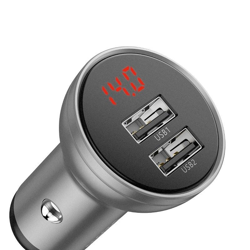 Baseus Ładowarka samochodowa z wyświetlaczem, 2x USB, 4,8A, 24W | srebrna