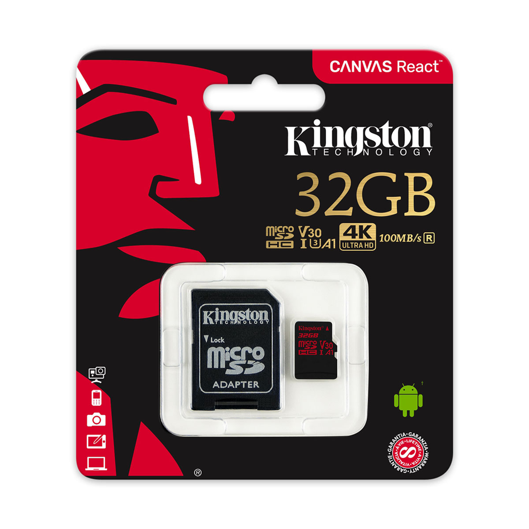 Kingston karta pamięci microSDHC Canvas React U3 UHS-| 32 GB | + Adapter